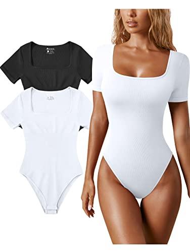 OQQ Women's 2 Piece Bodysuits Sexy Ribbed One Piece Square Neck Short Sleeve Bodysuits Black White S