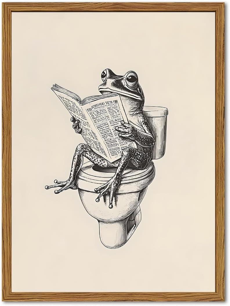 Framed Funny Frog Bathroom Wall Art, Whimsical Frog on Toilet Reading Newspaper Paintings Wall Decor, Humor Animal Pictures Canvas Prints Retro Home Decor for Restroom 12x16 inch