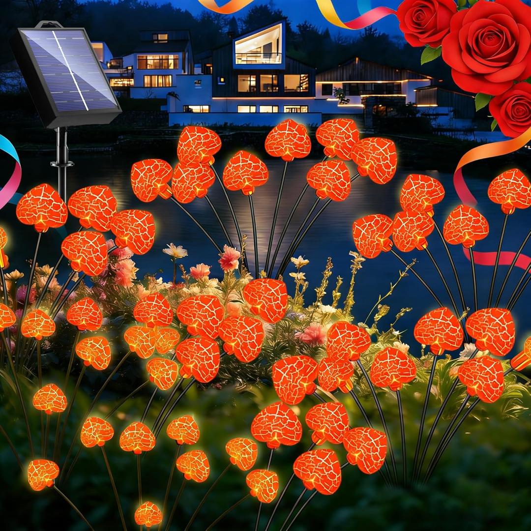 KerKoor Valentines Day Decorations Lights Outdoor Waterproof 4 Pack 32 LED Pink Heart Solar Garden Lights 8 Modes Gifts for Her Him Party Yard Outside Path Wedding Mothers Valentine's Day Decor (Pink)