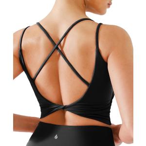 BRXL Womens Twist Back Sports Bra Longline Buttery Soft Low Impact Yoga Bra Removable Pads Scoop Neck Crop Top (Black, M)