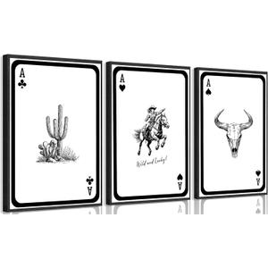 3Pcs Western Cowgirl Wall Art Aesthetic Black and White Cactus Longhorn Bull Skull Painting Picture Wall Decor Vintage Southwestern Desert Poster Print Artwork for Living Room Bedroom Home Decoration