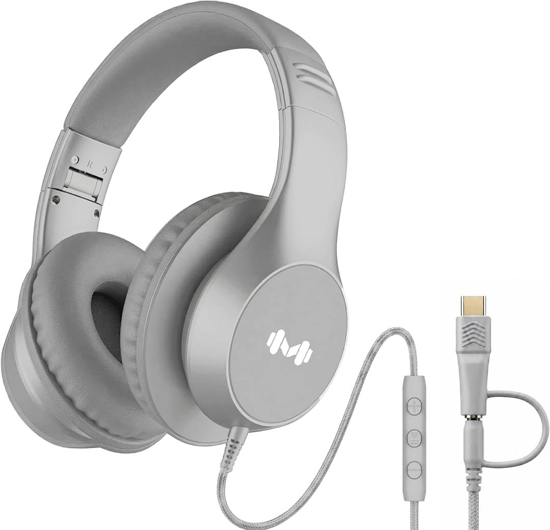 Wired Headphones, Premium Over-Ear Headset with Hi-Fi Stereo Sound, Noise-Isolating Ear Cushions, Lightweight Comfortable Design, Tangle-Free Cable, Ideal for Work & Daily Commute (Silver)
