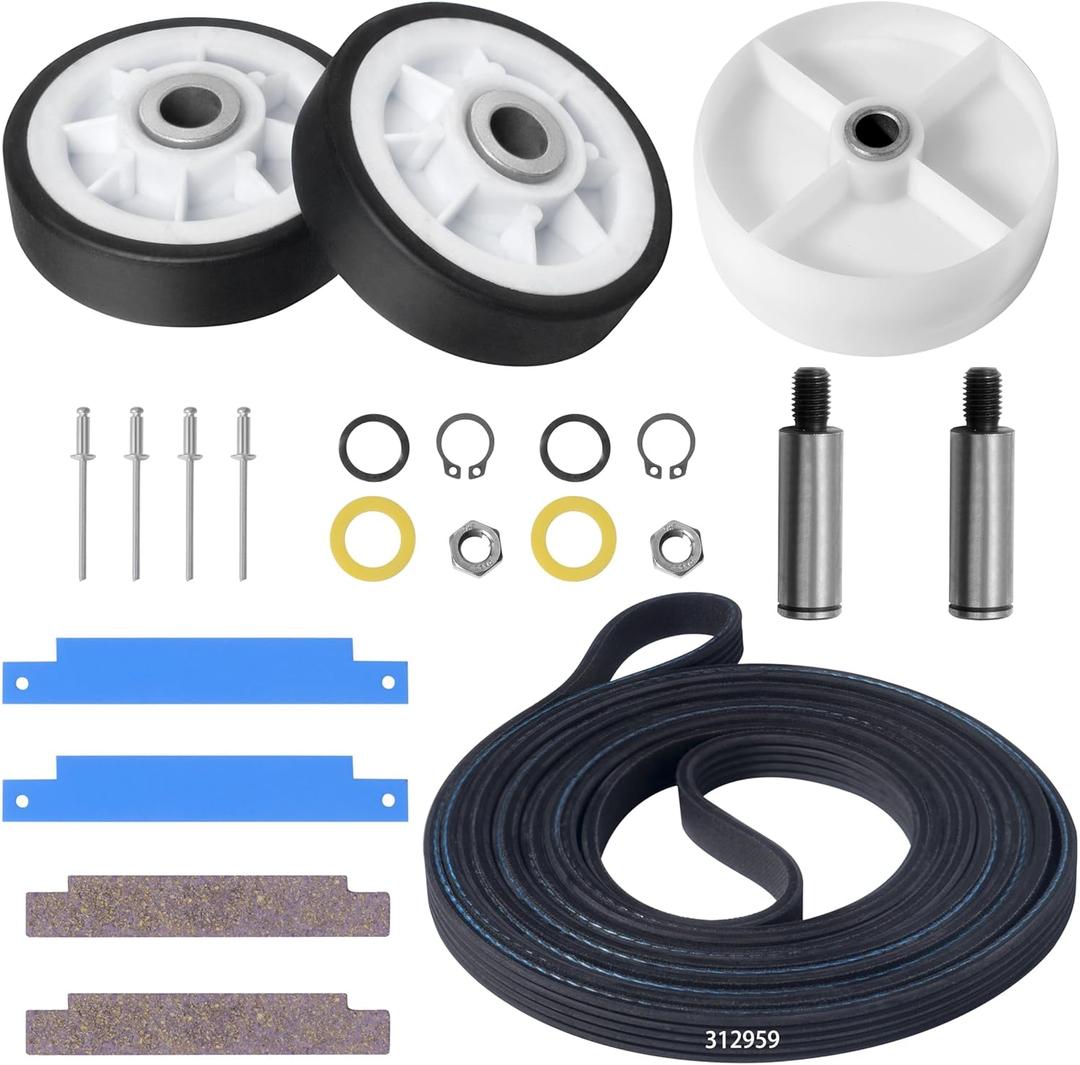 Dryer Repair Kit - 312959 Drum Belt, 303373K 12001541 Dryer Drum Roller Kit Fit for may-tag Dryer LDG8424AAE LDG9304AAM DE212 DE313 LDE8406ACE, LDE8406ACM, LDE8406ADE, LDE8410, LDE8410ACE