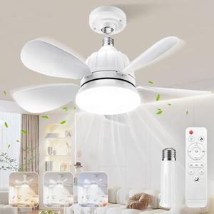 OSTIVE Socket Fan Light with Remote: 18'' Small Ceiling Fans with Lights, 2000 Lumens Dimmable Led Bulb, 3 Colors 3000K-6500K, Easy Install Screw in E26 Base for Bedroom Living Room Kitchen Garage