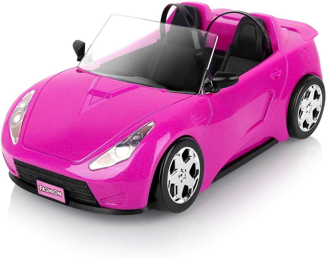 SUPER JOY Convertible Car for Dolls, Glittering Magenta Convertible Doll Vehicle with Working Seat Belts