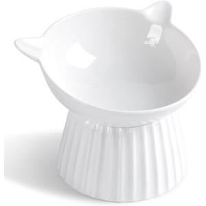 Ceramic Raised Cat BowlTilted Raised Cat Bowl Anti Vomit Cat Bowls for Indoor Cats Whisker Friendly Pet Feeder for Cats Puppies, Microwave and Dishwasher Safe (White)