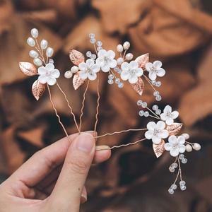Casdre Flower Bridal Hair Pins Pearl Bride Wedding Hair Accessories Rhinestone Hair Piece for Women and Girls(Pack of 3) (C Rose Gold)
