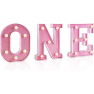 Ufurty Decorative Light-Up Letters, Pink 'ONE' LED Marquee Numbers, 6 Inch, Plastic, Battery Operated