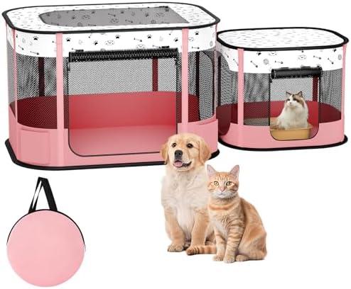 Portable Cat Playpen, 8-Rod Reinforced Kitten Dog Playpens, Foldable Play Pen for Indoor Cats Enclosed Pet Puppy Doggy Outdoor, Collapsible Tent Kennel Cage, Pink