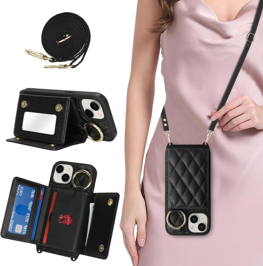 for iPhone 15 Case with Card Holder and Strap for Women,Crossbody Lanyard, Make Up Mirror,Ring Stand,Snap Clasp,Cute Phone Wallet Cases 6.1 inch - Black