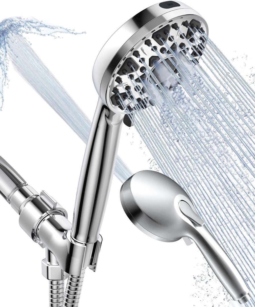 Shower Head With Handheld 7 Settings High Pressure, Built-in Power Wash to Clear Tub, Tile & Pets, 5" High Powerful Hand Held Rain Showerhead with Stainless Steel Hose and Adjustable Bracket (Polished Silver)