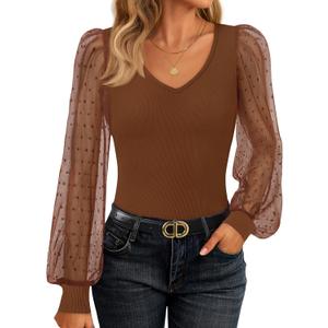 ZESICA Women's Sexy Mesh Puff Long Sleeve Going Out Tops V Neck Ribbed Knit Shirts Dressy Work Blouses 2026 Fall Outfits (Brown, L)