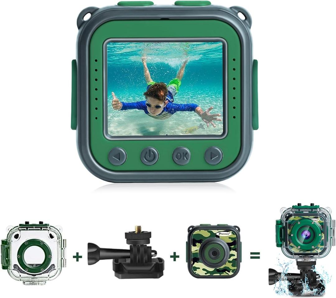 PROGRACE Kids Waterproof Camera for Boy Toys-Underwater Video Camera for Kids 1080P HD Camcorder Toy Gift Boys 3 4 5 6 7 8 9 10 11 12 Year Old Vlogging YouTube Children Digital Cameras Build-in Games (Dark Green)