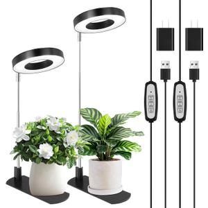 LBW Grow Light for Indoor Plants, Full Spectrum Halo Plant Grow Light with Base, Height Adjustable Plant Lamp with Auto On/Off Timer 4/8/12H, 4 Dimmable Brightness, for Small Plants, Black, 2 Packs