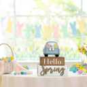 2 Pack Happy Easter Decorations for Home Bunny Truck Easter Decor Rustic Wooden Spring Rabbit Signs Farmhouse Tables Decorations Block Gifts Indoor Tiered Tray Kitchen Shelf Party