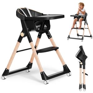 Baby High Chair, High Chairs for Babies and Toddlers, Convertible Folding High Chair with Wheels, Removable Tray 5 Point Harness Footrest Detachable PU Cushion, Portable Highchair for Baby Toddlers (Black)