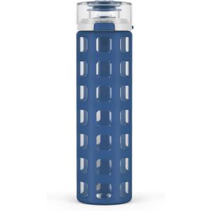 Ello Syndicate 20oz Reusable Glass Water Bottle with One-Touch Leak Proof Flip Lid and Protective Non-Slip Silicone Sleeve and Carry Loop for Coffee, Tea and Water, BPA-free Dishwasher Safe, Bold Blue