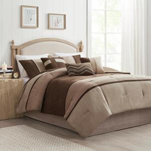 Madison Park Palisades Comforter Set Modern Faux Suede Pieced Stripe Design, All Season Down Alternative Cozy Bedding with Matching Shams, Decorative Pillows, King(104"x92"), Brown 7 Piece