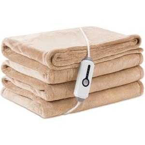 Electric Heated Blanket Twin Size 6284, Breathable & Luxurious Flannel, Soft Warm Gift with Over-Heat Protection, 4 Heating Levels & 10 H Auto Shut Off, Machine Washable, Light Brown