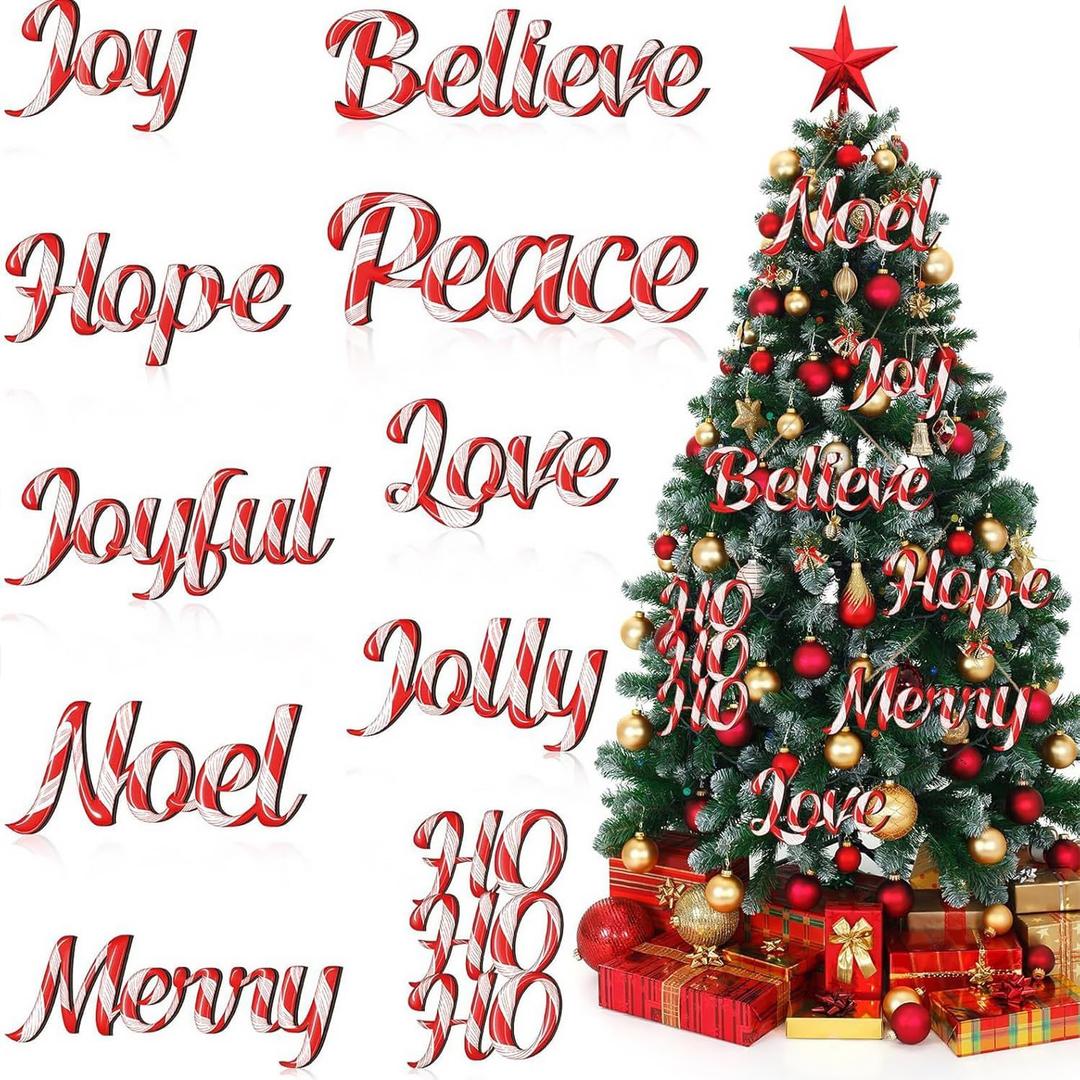 10Pcs Christmas Tree Decorations Red White Letters Hanging Ornament with Wood Candy Decoration Design Sign Joy Word Love Merry Christmas Craft Wooden Ornaments for Xmas Winter Holiday Party Home Decor