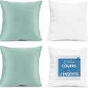 Throw Pillow Inserts Pack of 2 with Velvet Soft Solid Decorative Square Throw Pillow Covers Set for Sofa Couch Car Bedroom, 22X22 Throw Pillows Inserts with 20x20 Washable Cushion Covers, Light Blue