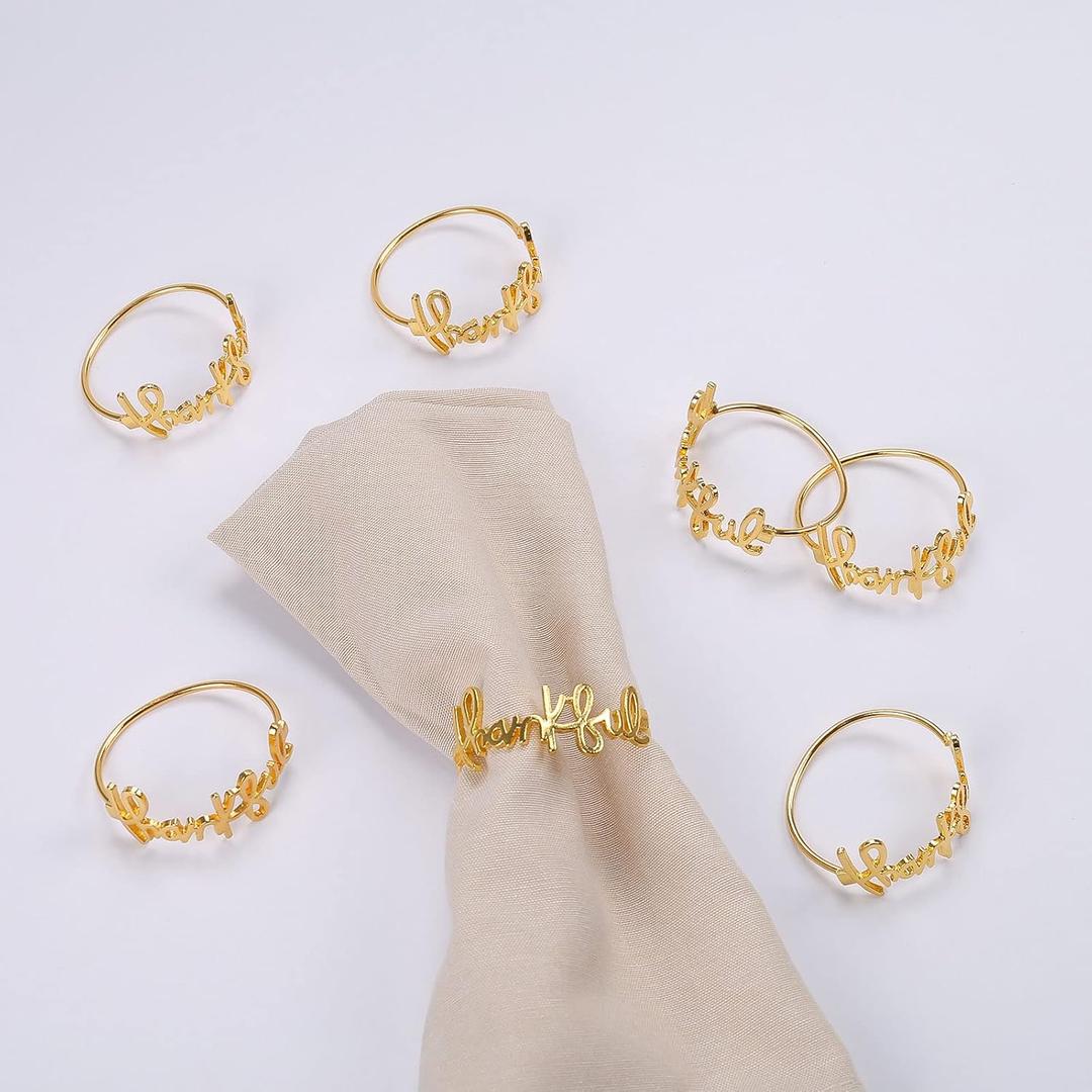 wonlex Thanksgiving Napkin Rings Set of 12, Gold Napkin Holder for Autumn, Harvest Festival, Banquet, Fall Serviette Buckles for Table Setting (Thankful)