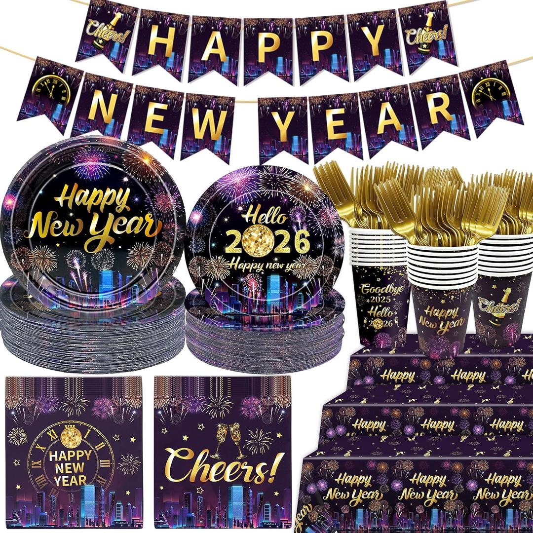 137Pcs New Years Eve Party Supplies Happy New Year 2026 Decorations New Years Eve Decorations Tableware Set with Happy New Year Banner Plates and Napkins
