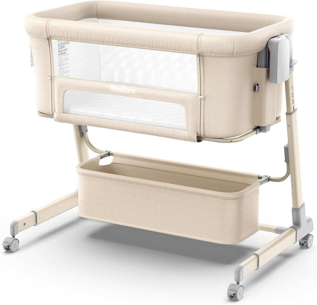 NeoBorn 4 in 1 Baby Bassinet, Bedside Bassinet with Breathable Mesh Design, 7 Height Adjustable Rocking Bassinet, Crib with Comfy Mattress and Wheels for Newborns, Khaki