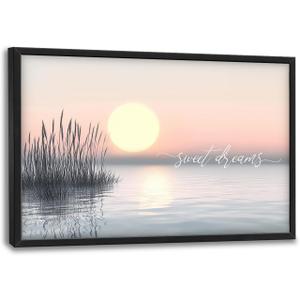 Lake Sunset Wall Art Sweet Dreams Sign Pictures Wall Decor Boho Coastal Canvas Prints Large Minimal Modern Landscape Painting Framed Artwork Home Decoration for Bedroom Living Room 36"x24"