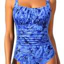 Aqua Eve One Piece Bathing Suit for Women Tummy Control Swimsuit Slimming Vintage Swimwear Blue Paisley 02 L