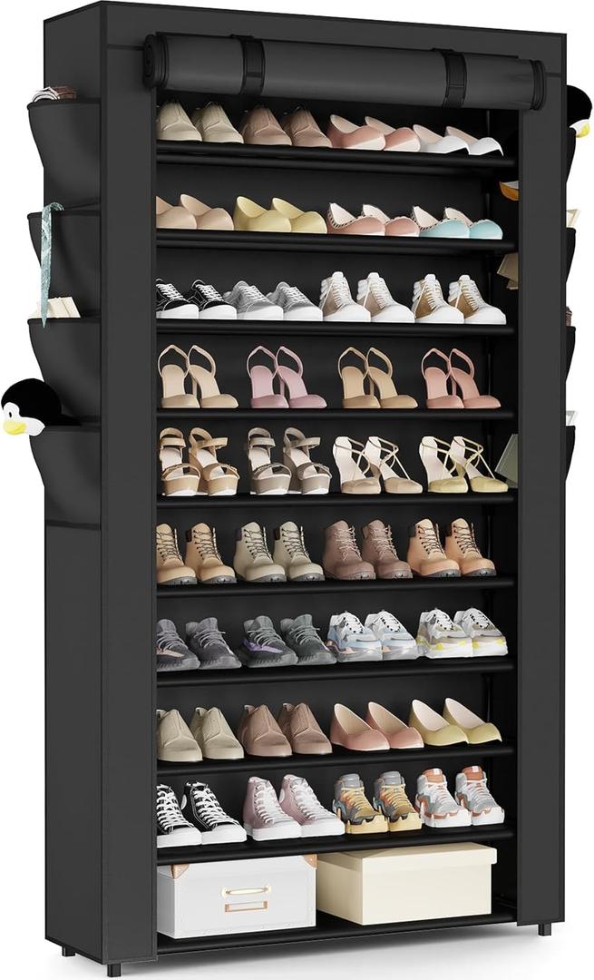 Mavivegue Shoe Rack with Cover, 10+1 Tier Tall Shoe Storage for 50-55 Pairs of Shoes, Shoe Organizer for Entryway, Closet (Black)