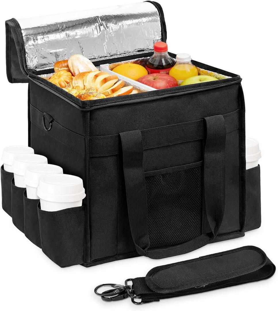 Insulated Food Delivery Bag with 8 Cup Holder, Removable Partition PlateThermal Cold/Hot Separationfor Beverages, Parties, Grocery, Food Transport Hot &Cooler Bags
