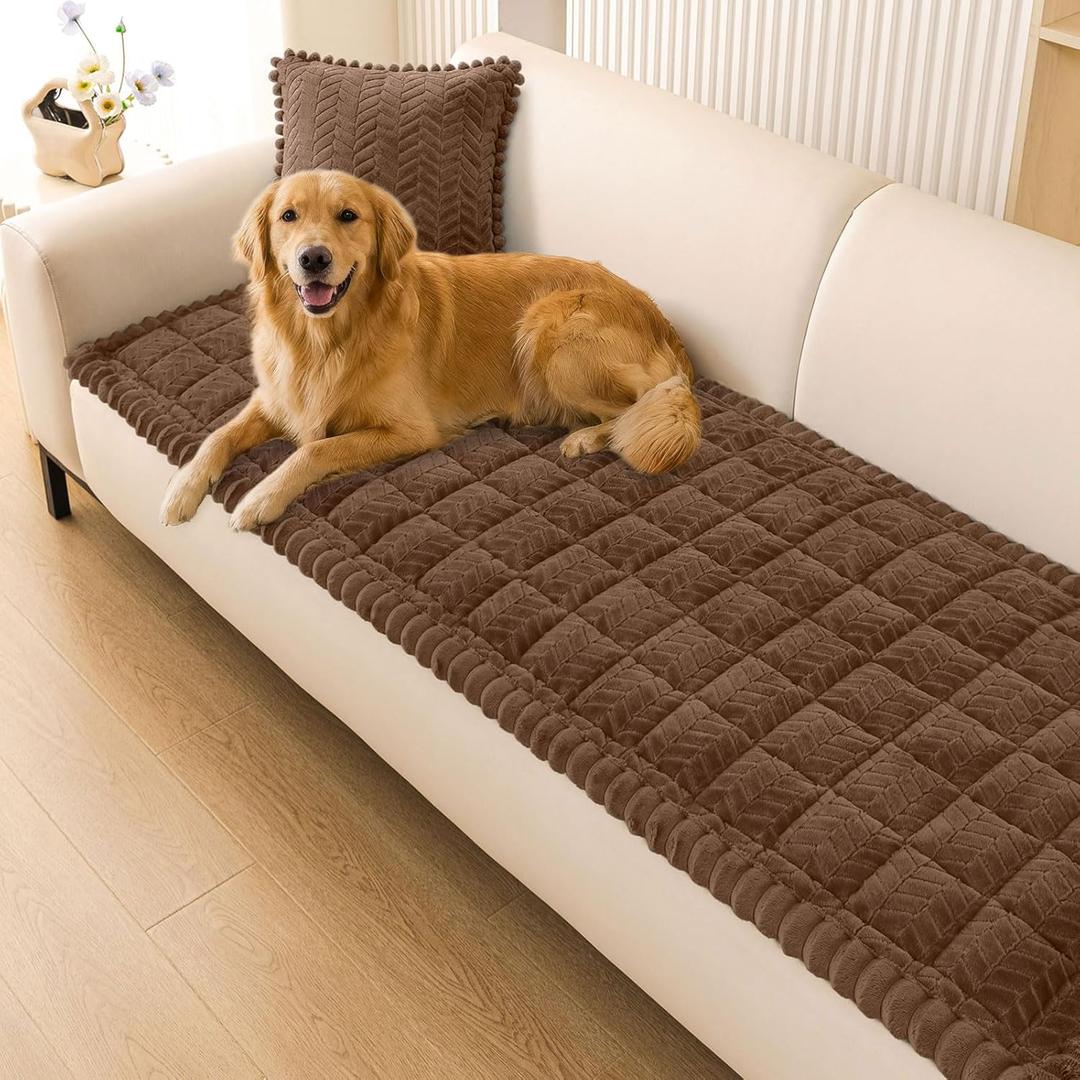 Smiry Non Slip Couch Covers for Dogs, Fuzzy Pet Couch Covers for 2-3 Cushion Sofa Pet Friendly, Soft Sofa Slipcovers Cushion Furniture Protector Washable (Brown, 27.6" x 59")