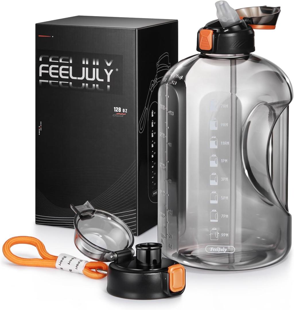 1 Gallon Water Bottle with Straw, 128 oz Large Water Jug with Times to Drink, Reusable Leak Proof with Handle, 2 Lids BPA Free Big Sports Bottles for Fitness Gym Camping (Grey, 128 Ounces)