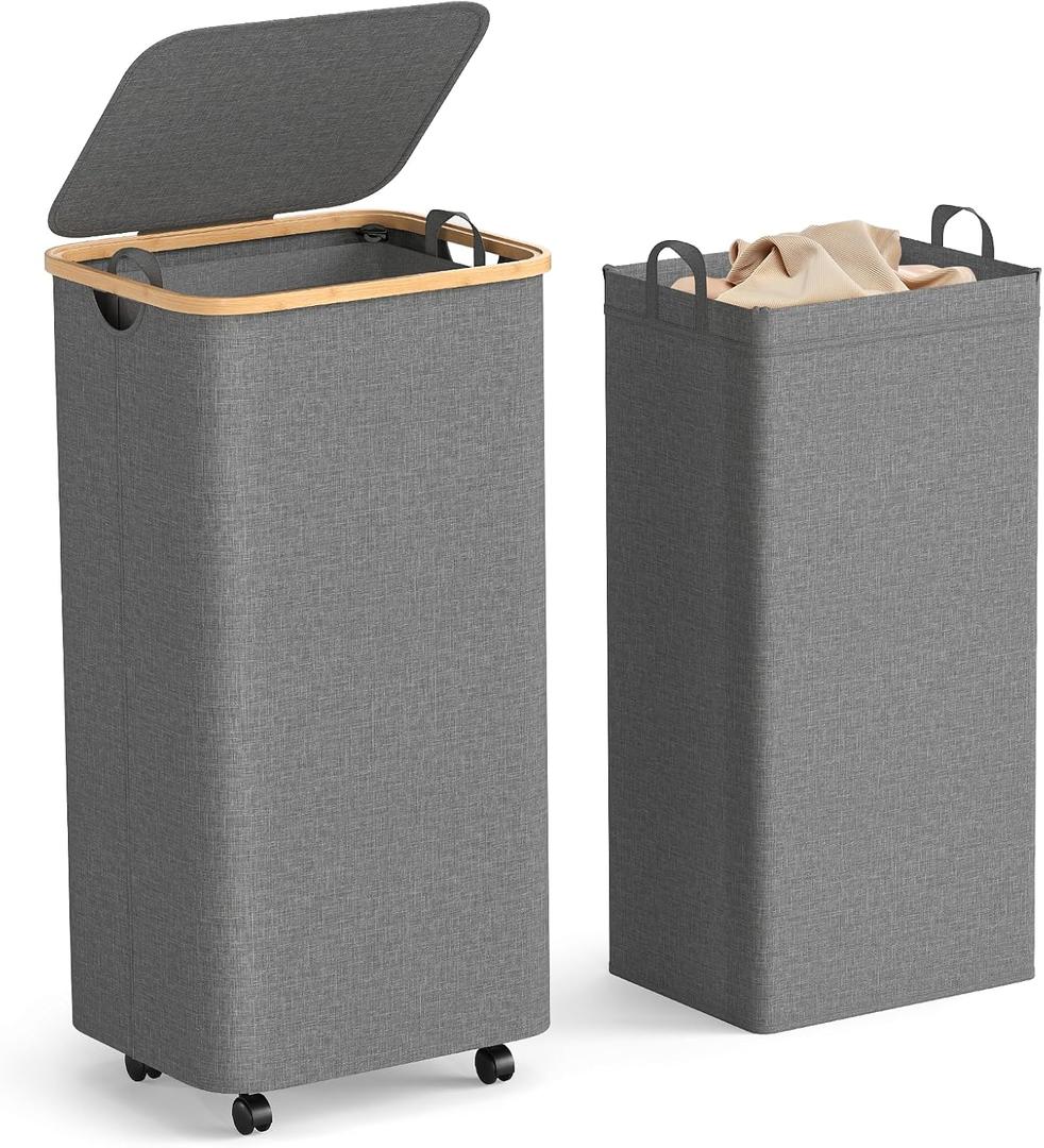 Yecaye 100L Large Capacity Laundry Hamper Foldable Rolling Laundry Basket, Mobile Clothes Hamper with Wheels, Removable Inner Bag, Bamboo Handle Lid Laundry Bin Multi-Use Storage,Grey