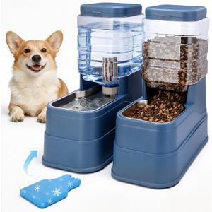 Automatic Cat Feeder and Water Dispenser with Stainless Steel Bowl with Ice Pack Gravity Food Feeder and Waterer Set Feeding Raised Bowls with Filter for Dog 1.3 Gallon x 2(Blue)