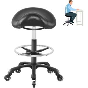 Saddle Salon Stool with Footrest,Heavy Duty, Adjustable Height, Rolling Esthetician Chair for Tattoo Spa Medical Dentist Clinic (Black)