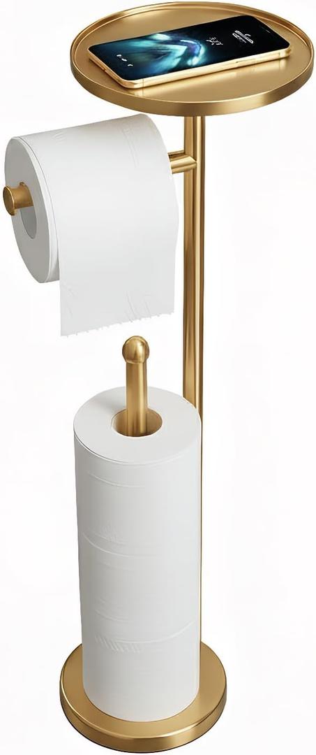 Gold Toilet Paper Holder with Shelf, Tissue Roll Holder Stand with Storage for Holding Extra 4 Toilet Paper Rolls, Stainless Steel Rustproof Freestanding (Brushed Gold)
