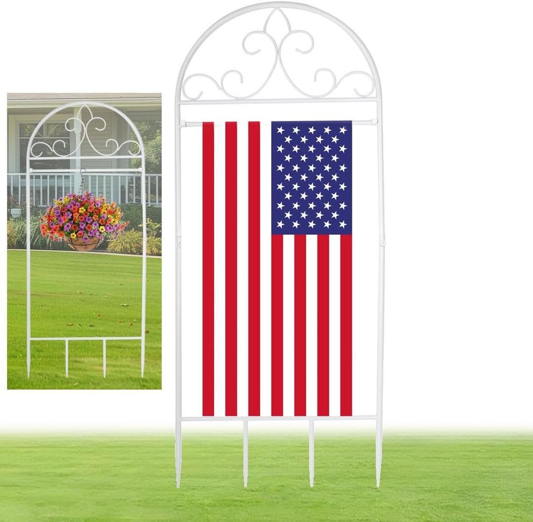 W-Mdsks 2 IN 1 Metal Garden Flag Holder Stand, Reinforced Decorative Design, Fits 14.5 x 26 Inch FlagsHeavy Duty Yard Flags Holder for Outside House, Lawn & Patio Decor (White)