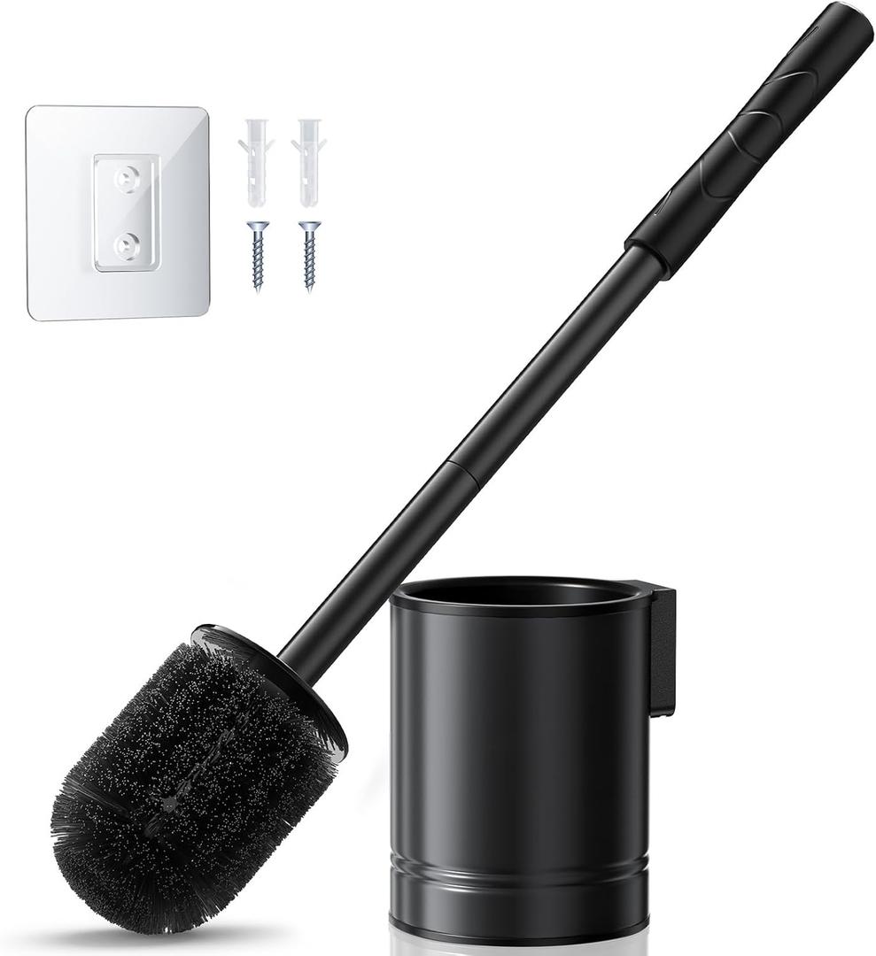 HAMITOR Black Toilet Bowl Brush: Metal Rustproof Bathroom Cleaning Accessories Set with Hidden Holder for Renters - Wall-Mounted Family Compact Toilet Cleaner Kits for Apartment RV Small Space