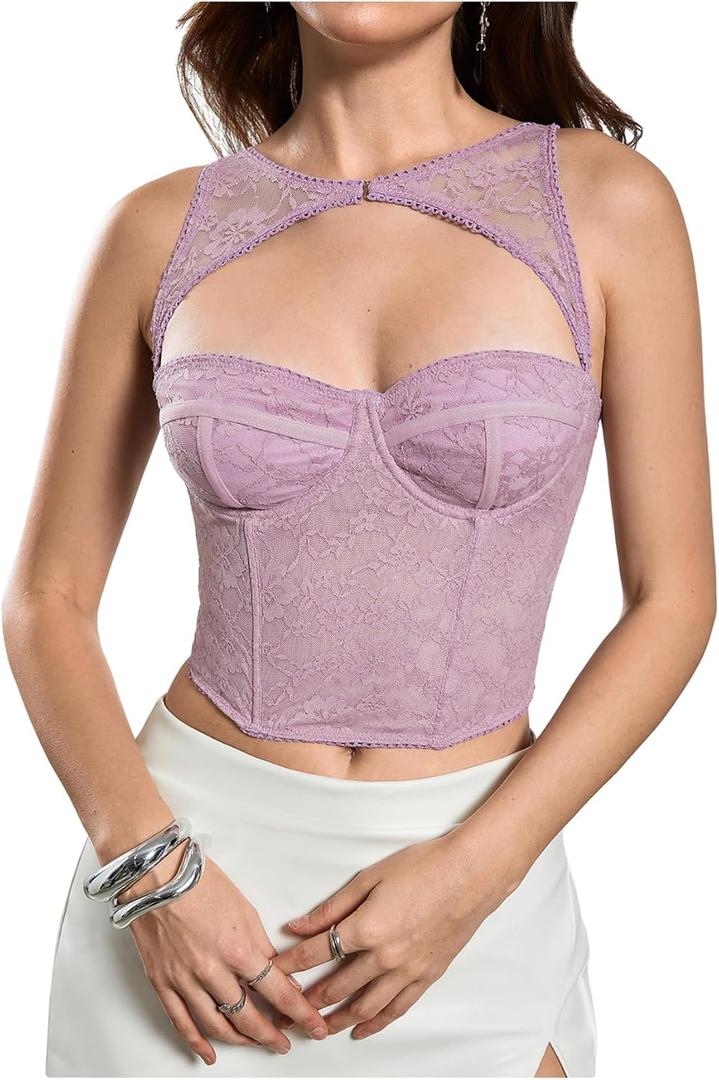 WDIRARA Women's Cut Out Lace Crop Bustier Corset Tank Top Sexy Going Out Party Club Tops Mauve Purple X-Small