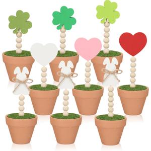 Set of 12 Interchangeable Seasonal Decor Valentine St Patricks Day Easter Table Decor Heart Shamrock Bunny Artificial Potted Plant Wooden Sign on Stand Table Centerpiece for Holiday Gifts