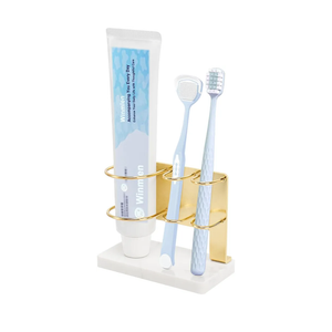 Toothbrush Holder for Bathroom Counter, Metal Toothbrush and Toothpaste Holder Stand with Marble Base for Bath Organizer Countertop, 3 Slots (Gold)
