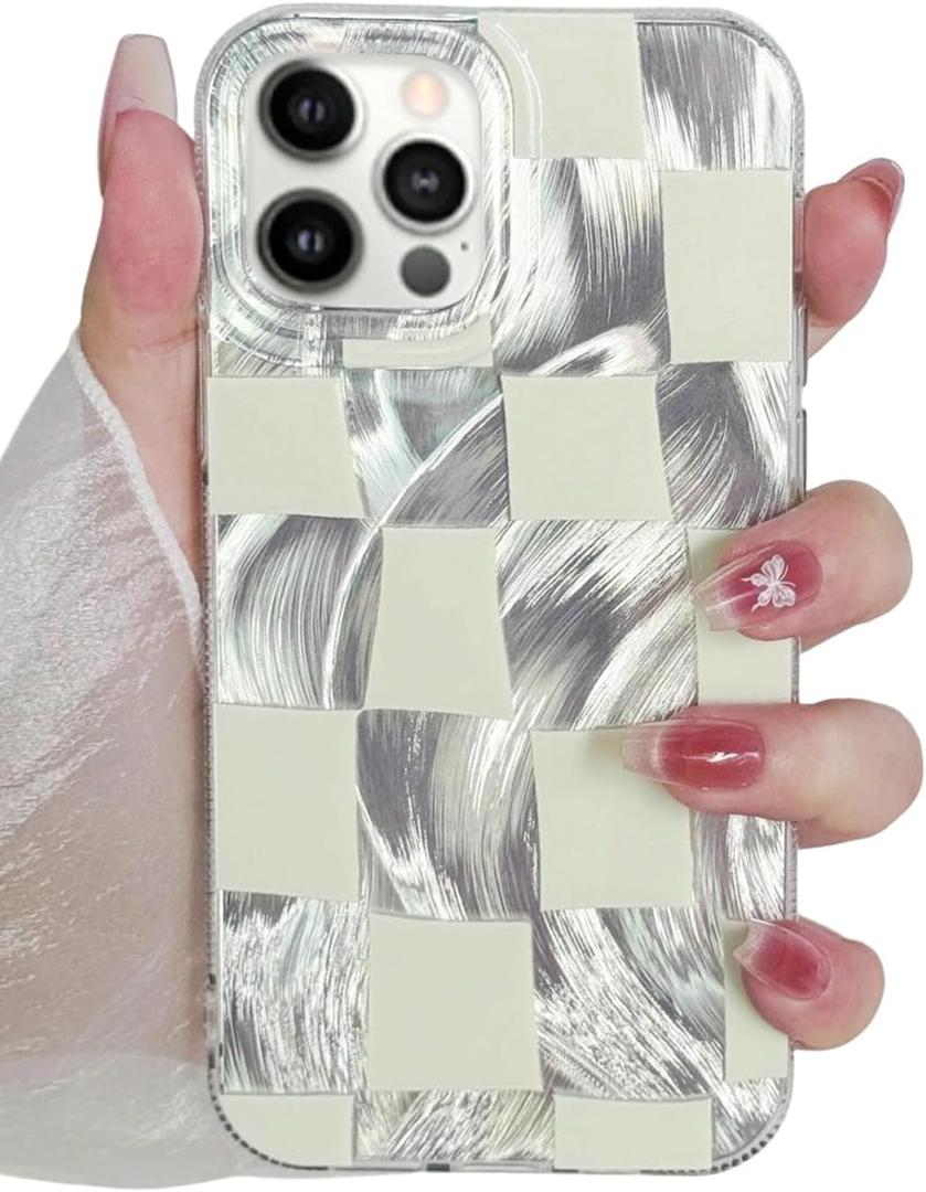Compact for iPhone 14 Pro Max Case Shiny Silver Larger Checkered Design Phone Case, Cute Trendy Soft Slim TPU Shockproof Protective Cover for Women Girls Aesthetic Glitter, White