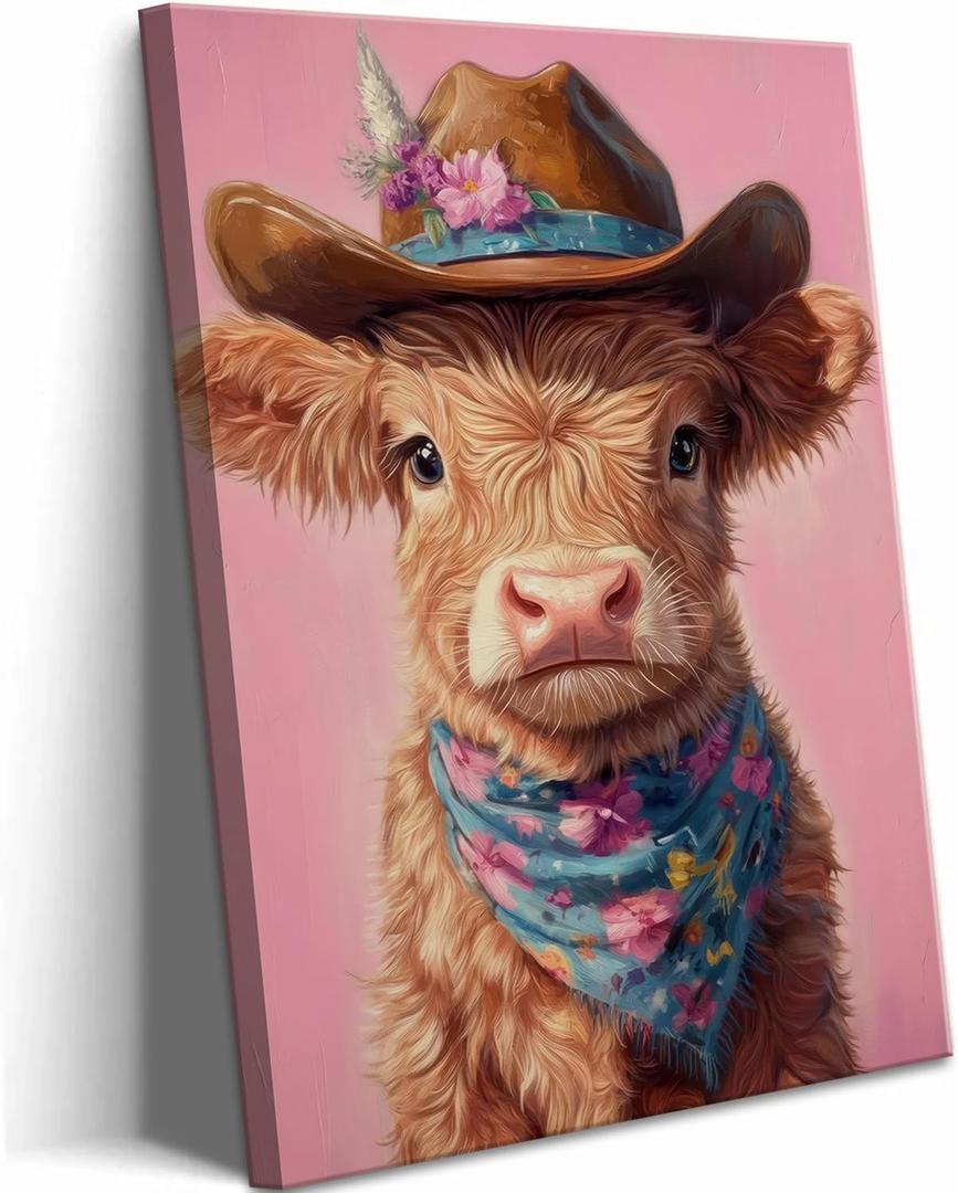 Cute Highland Cow Baby Canvas Wall Art Cowboy Baby Calf Pink Western Wall Decor Picture Trendy Preppy Aesthetic Poster Print Eclectic Funky Girly Bedroom Decoration 12x16in (16L" x 12W")