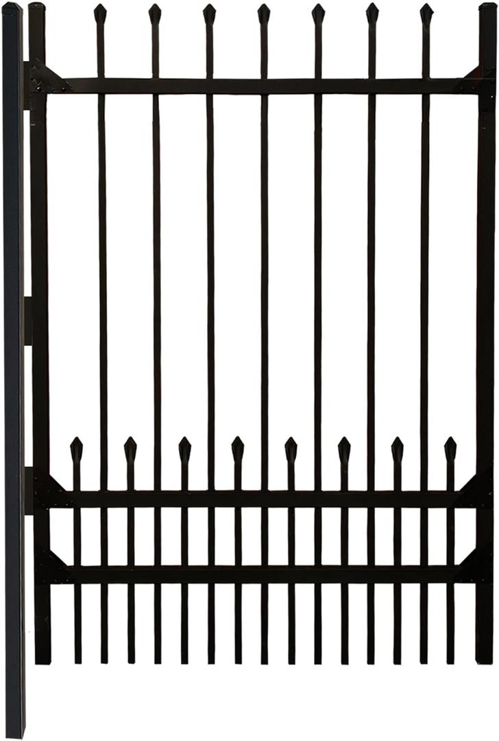 Nuwovwo Steel Fence Gate 6ft H x 4.2ft W for Metal Fence Panels, Galvanized Steel Gate with Dog Pickets, DIY Installation for Garden Fence, Wrought Iron Style, Incl. 1 Fence Post Black