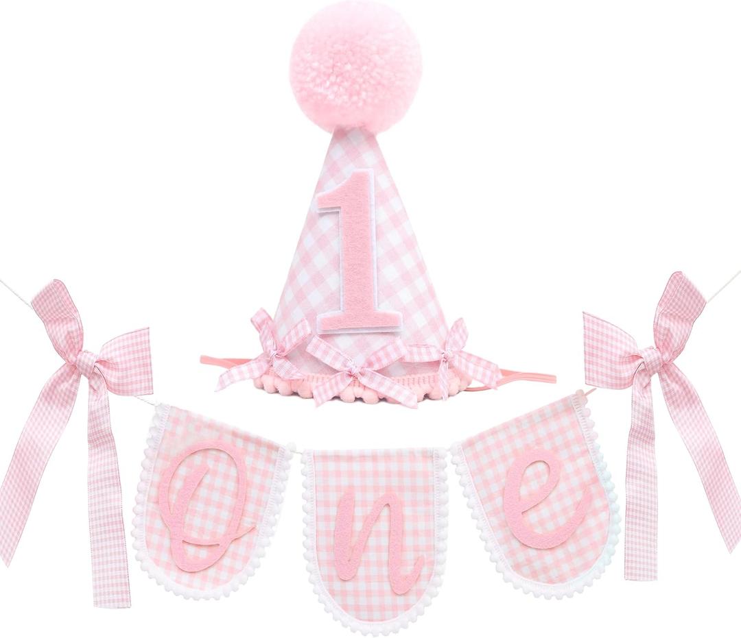 Pink Gingham First Birthday Party Decoration Set, ONE Banner 80 inches, Pink Gingham Party Hat, 5.5 inches, Pom Pom Topper with Number 1, Girls Birthday Decoration