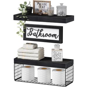 QEEIG Bathroom Shelves Over Toilet - Paper Storage Wall Mounted Farmhouse Decor Decorations Aesthetic Dcor Sign Small Floating Shelf 2+1 Set 16 inch, Black (020B)