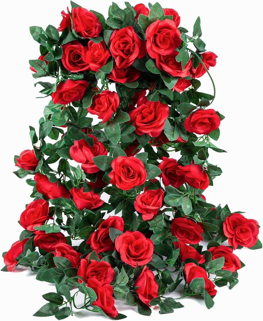 4 Pack (32FT) Artificial Rose Vine Fake Flowers Garland Hanging Silk Rose Ivy Plants Vine for Mother's Day Wedding Arch Party Wall Indoor and Outdoor Aesthetic Art Dcor (Red)