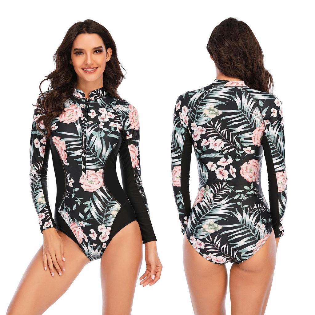 LURANEE Women's Zip Up Rash Guards for Women Long Sleeve Swimsuit UV Sun Protection Swim Shirts Red Floral Black, L